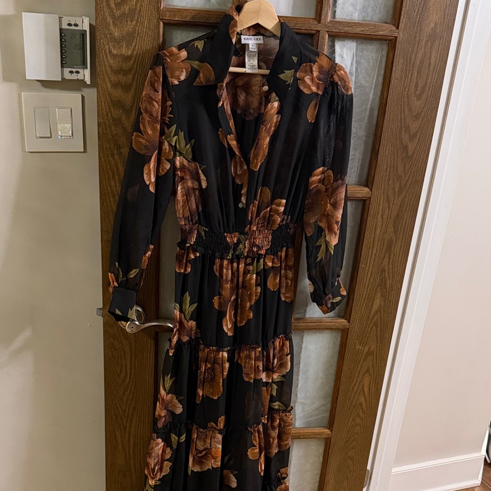 Vince Camuto Black Maxi Dress with Brown Floral Print